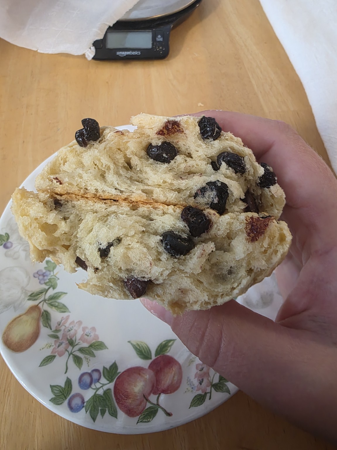 Blueberry milk chocolate scone opened to show its soft interior