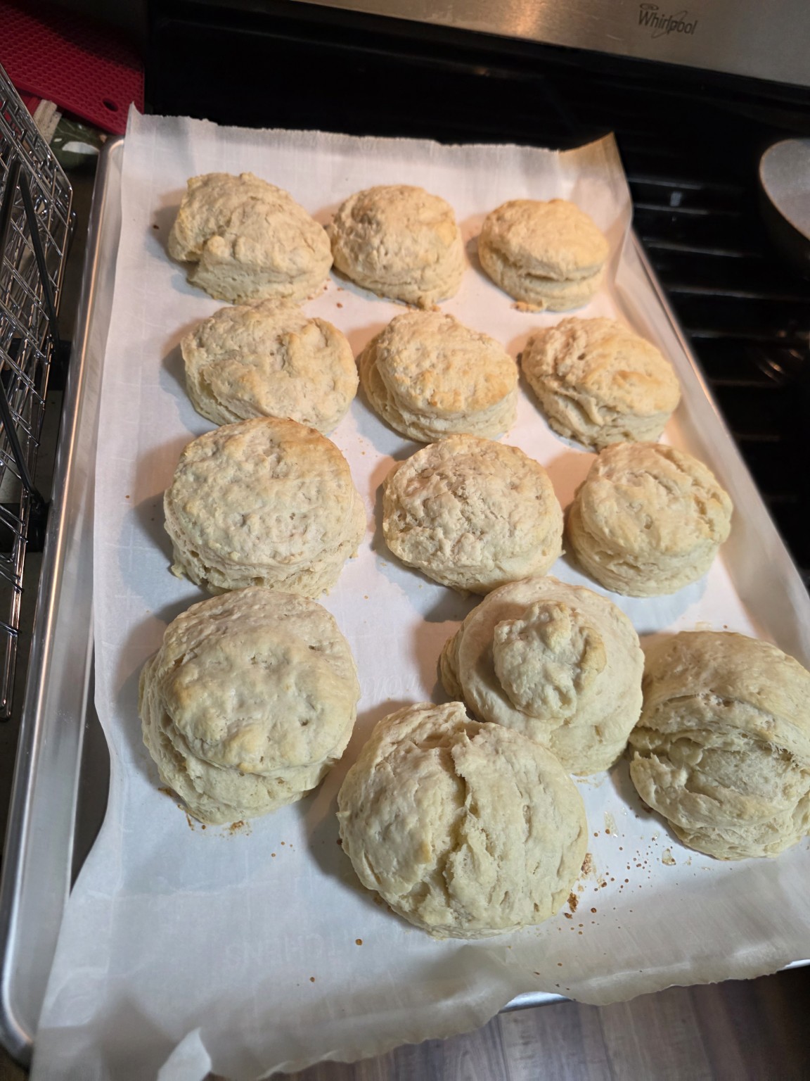 A full tray of freshly baked sourdough biscuits