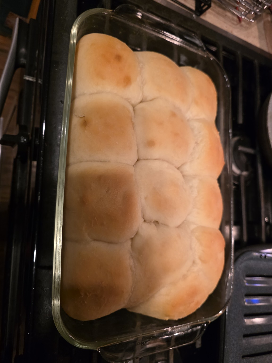 A pan of freshly baked sourdough dinner rolls